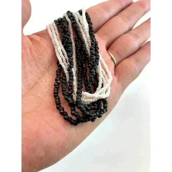 Cluster Layered Black and White Tiny Seed Bead Multi Strand Necklace 17" Long - Picture 3 of 11